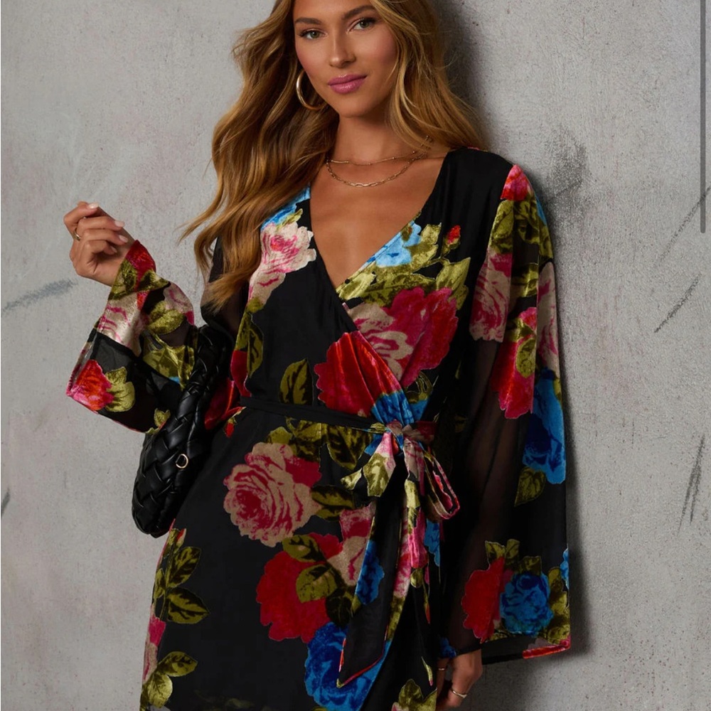 Vici Black Velvet Floral Wrap Dress with Red & Blue Flowers